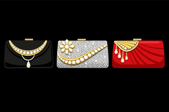 Collection of three elegant evening clutch purses in black, silver, and red, featuring luxury decorations with pearls, gold accents, and sparkling crystals, ideal for formal events and gala parties.