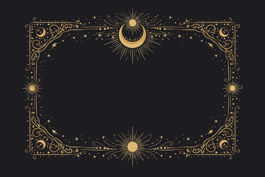 Celestial Golden Frame with Mystic Tarot Card Motifs, Sun, Moon, and Stars. Elegant Decorative Filigree Ornament for Invitations, Posters, and Esoteric Designs on a Dark Background.