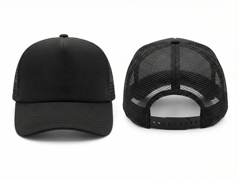 Blank Black Trucker Cap Mockup, Front and Back View Mesh Snapback Hat Isolated on White Background