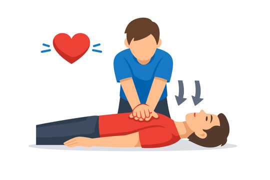 Flat Vector Graphic of a Trained Responder Performing Cardiac Chest Compressions on a Supine Casualty &mdash; Emergency Life-Saving Cardiopulmonary Resuscitation Scene for First-Aid Training, Safety
