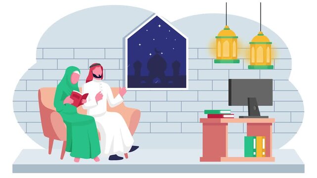 Saudi Couple Watching Tv and seeing eid announcement news animation, Man and woman Blessed Moments animated video, ramadan Eid al-Fitr clip, Muslim fasting month footage, Arabic holiday motion graphic