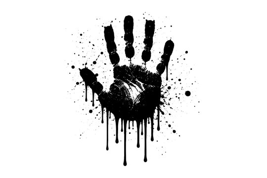 Black grunge dripping handprint vector illustration with ink splatter and paint drips on white background. Abstract hand print symbol for horror, crime, mystery, or artistic design projects.