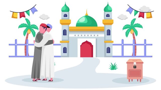 Two men are warmly embracing and wearing thobe animation, expressing love brotherhood outside animated video, ramadan and Eid al-Fitr clip, Muslim fasting month footage, Arabic holiday motion graphics