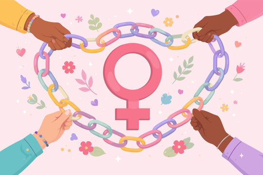 International Women's Day Illustration with Pink Female Symbol and Heart Shaped Chain Held by Diverse Hands, Representing Global Unity, Gender Equality, Sisterhood, and Women Empowerment Concept