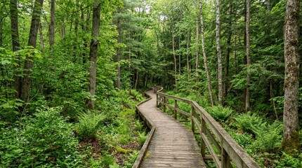 Fototapeta premium Wooden boardwalk winding through a lush green forest, surrounded by trees and ferns.