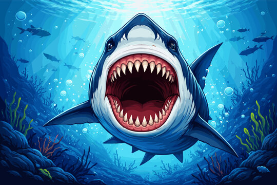 Vibrant vector illustration of a powerful great white shark with its massive jaws wide open, revealing rows of sharp teeth, swimming through a sunlit coral reef in the deep blue ocean water.