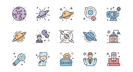 Set of flat icons representing space, planets, and astronauts. © Podang