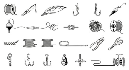 Collection of fishing gear icons and illustrations. © Podang