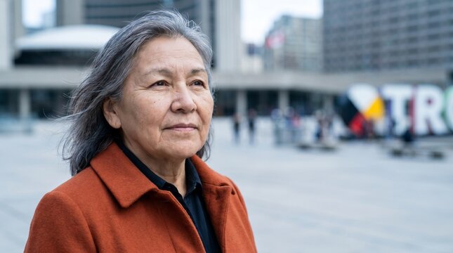 Older Indigenous woman in urban portrait, windblown gray hair for National Indigenous Peoples Day awareness