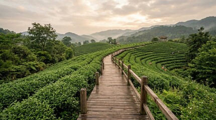 Naklejka premium Wooden walkway through lush green tea plantations in misty mountains at sunrise