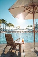 Fototapeta premium Sunny poolside umbrella with a lounge chair at a resort hotel