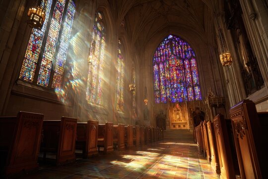 Sunlit stained glass cathedral window flooding the nave with vibrant colors