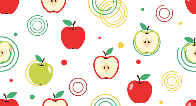 Colorful seamless pattern featuring red and green apples with whole fruit and half sections among decorative abstract circles.