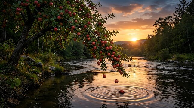 Pohon Apel Merah Rimbun di Tepi Sungai Saat Senja, Buah Jatuh ke Air Menciptakan Riak Kehidupan yang Tenang