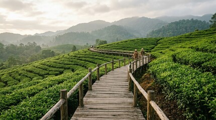 Naklejka premium Wooden Boardwalk Through Lush Green Tea Plantations on Misty Mountainside