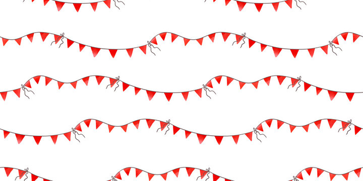 Hand drawn red flag bunting garland seamless pattern for birthday kids party. Simple watercolor triangle flag banner isolated element for party backdrop and decor