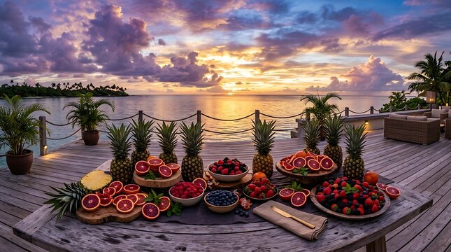 Sajian Buah Tropis Segar dan Sehat di Tepi Pantai saat Senja yang Indah
