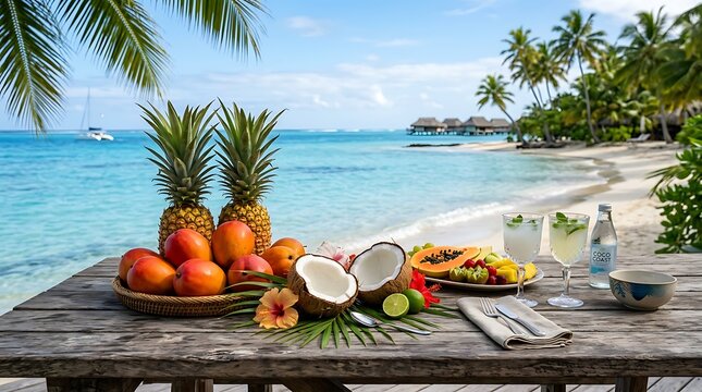 Sajian Buah Tropis Segar di Meja Kayu dengan Pemandangan Pantai Bora Bora yang Eksotis