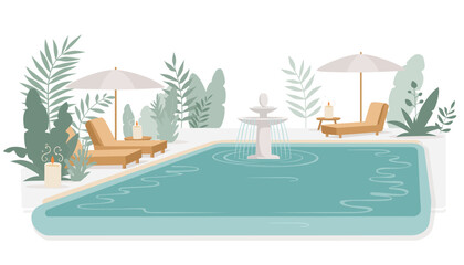Fototapeta premium Relaxing Flat Vector Spa Getaway with Swimming Pool