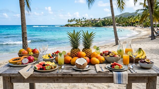 Sarapan Pagi Tropis di Pantai: Sajian Buah Segar dan Jus Nikmat di Tepi Laut Biru