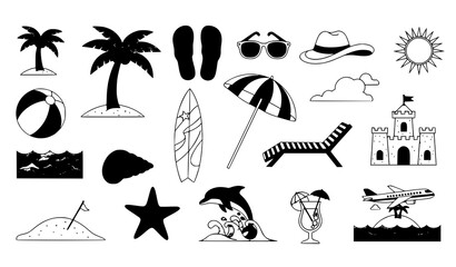 Fototapeta premium A collection of black and white beach icons and illustrations