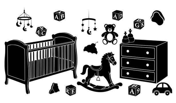A black and white vector illustration of nursery room objects and toys