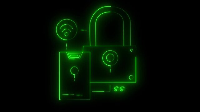 Padlock graphic depicted in vibrant green neon lines symbolizes authorized access and secure data transmission protocols within a protected communication network for business or personal mobile.