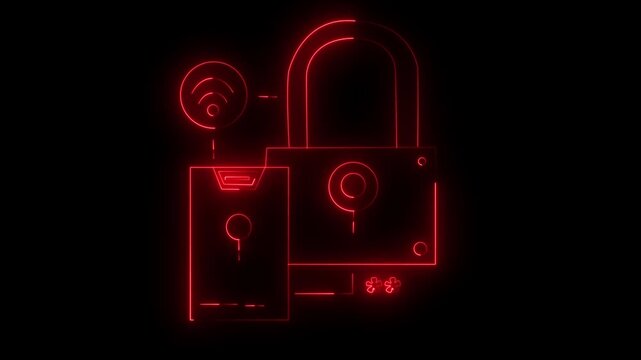 Padlock icon displayed in radiant red neon light outlines signifies a critical warning or security breach threat in a digital environment requiring immediate attention from the network administrator.