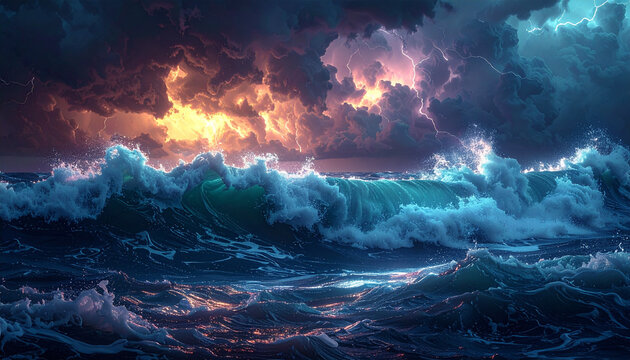 Dramatic sea waves crash under a stormy sky with glowing lightning streaks at dusk.