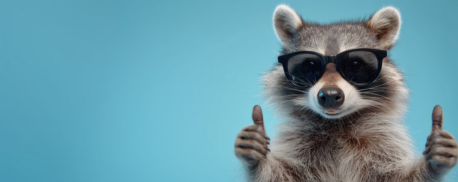 Smiling funny animal concept raccoon wearing sunglasses showing thumbs up gesture against blue background with copy space.
