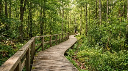 Obraz premium Wooden boardwalk path winding through a lush green forest with a distant cyclist.