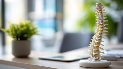 Fototapeta premium Close-up of a spine anatomical model on a clinic desk during a patient consultation, spinal health education concept, orthopedic office photography, with copy space
