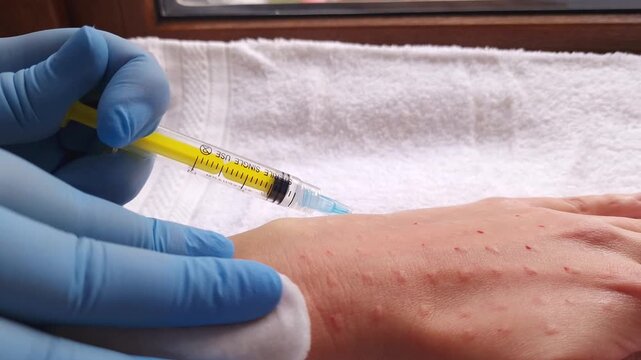 A professional in blue gloves performs mesotherapy injections on a woman's hand using a syringe. Close-up view of skin treatment with small papules, white towel background, daylight.