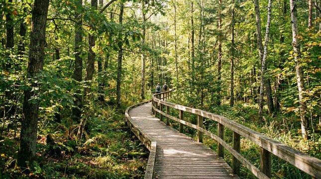 Wooden boardwalk path winding through a lush green forest with hikers