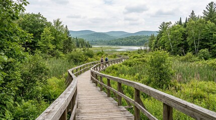 Fototapeta premium Wooden boardwalk winding through lush green marshland towards a serene lake and distant hills