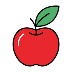 Fototapeta premium Simple red apple illustration with a green leaf and thick black outlines.