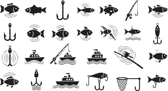 Fishing icons and symbols in black and white