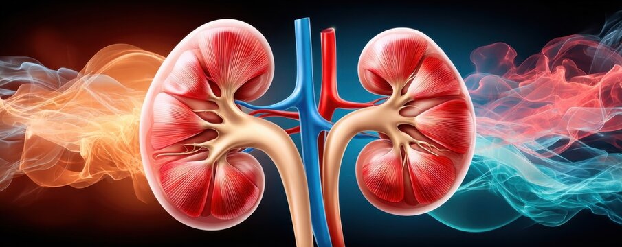 Detailed 3D rendered medical illustration of human kidneys showing renal anatomy, blood vessels and ureters