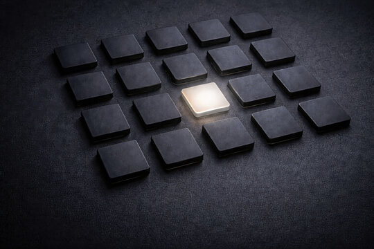 Single Glowing Red Toggle Switch in a Row of Dark Industrial Control Buttons