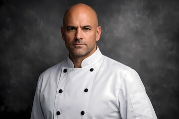Obraz premium This beautiful high quality photograph features a confident bald male chef standing wearing a professional white uniform jacket ideal for modern advertising concepts and creative design layouts