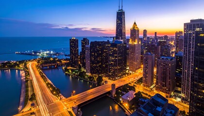 Obraz premium Aerial view of a city skyline at dusk, with buildings and a body of water. Lights illuminate bridges and streets