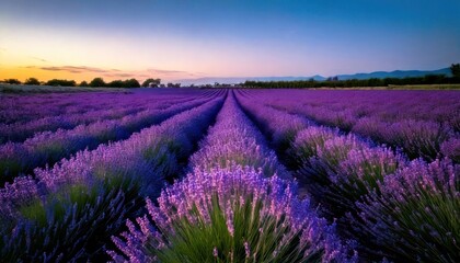 Obraz premium Lavender field at sunset with rows of purple flowers in Provence.