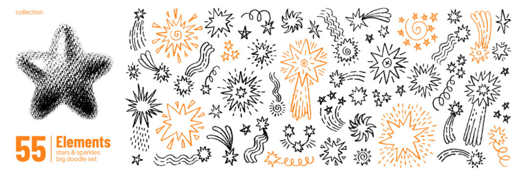 Star sparkle hand drawn icon. Vector line doodle element. Crayon sketch brush pattern with stars and sparkle. Doodle crayon line background. Stars shape sticker illustration. Cute chalk kid graphic bg