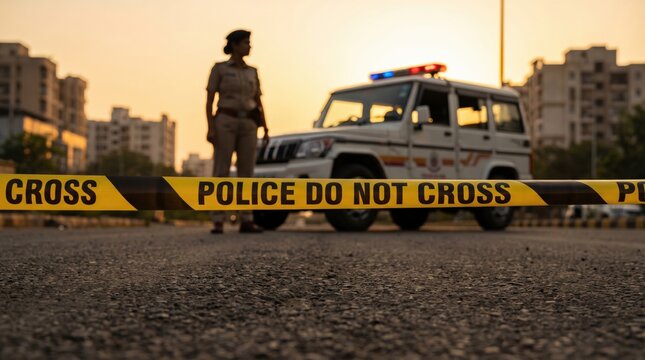 Indian Female Police Officer Guarding Crime Scene with Cordon Tape and Patrol Vehicle at Sunset