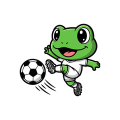 Fototapeta premium Cheerful Cartoon Frog Kicking Soccer Ball in White Jersey