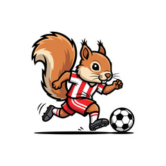 Adorable cartoon squirrel mascot playing soccer, dribbling football with red striped jersey, cute animal sports illustration.