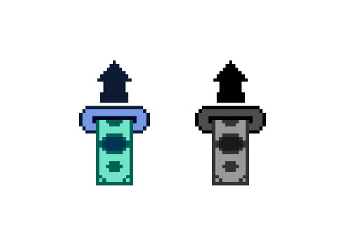 Pixel art icons showing cash being inserted into or withdrawn from a slot with an upward arrow, representing digital payments, banking transactions, or deposits in a retro gaming style.