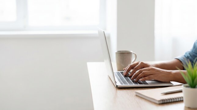 Professional woman typing on laptop at home office desk for asynchronous remote work