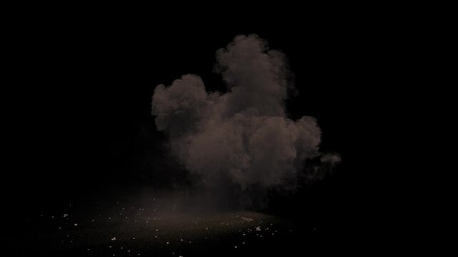 Side view of Missile Strike with floor debris and dust from the ground with smoke dissipation on a black background