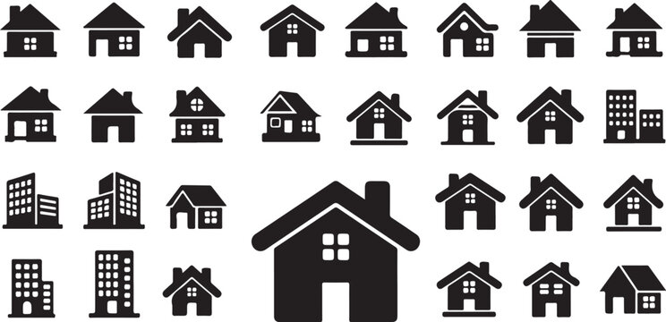 Various House Icons and Buildings in Black Color